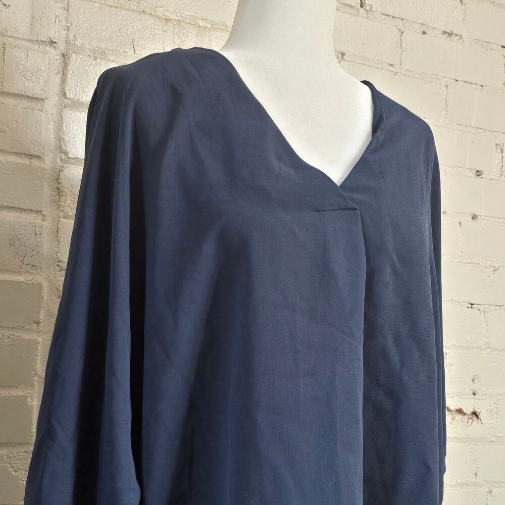 Minimalist Navy Blue V-Neck Roll Tab Long Sleeve Tunic Blouse Business Casual - Picture 4 of 9